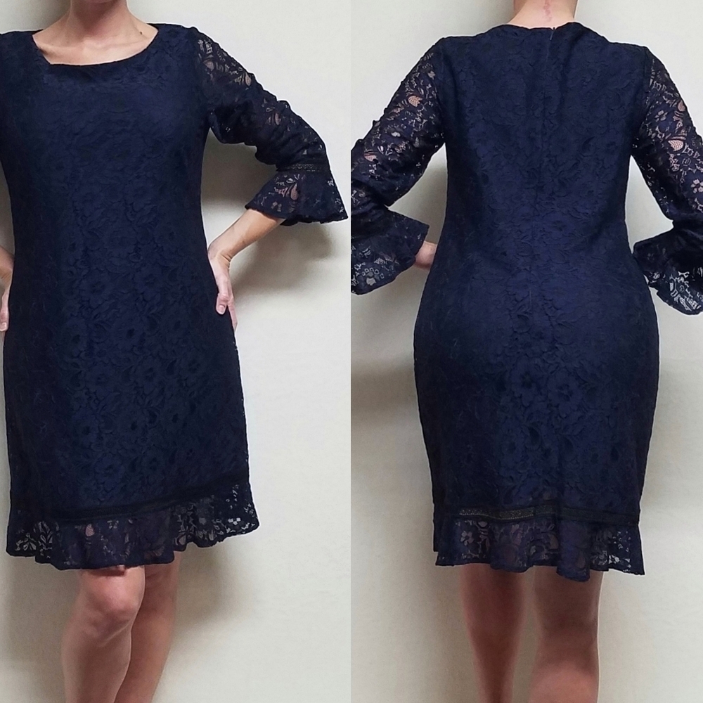 Perceptions New York Navy Blue Lace Overlay Black Lattice Trim Midi Shift Dress